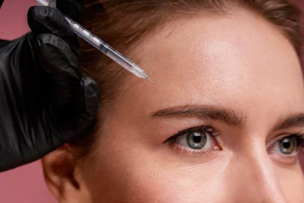 lady getting botox injected into her forehead