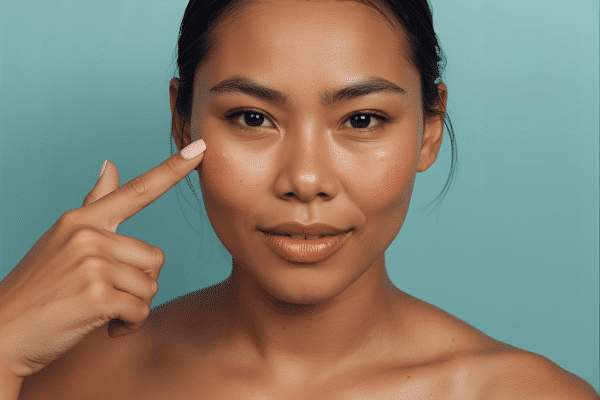 lady with pores on her cheeks pointing them out