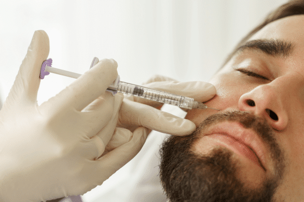 doctor inject dermal filler into the man's cheek to add volume